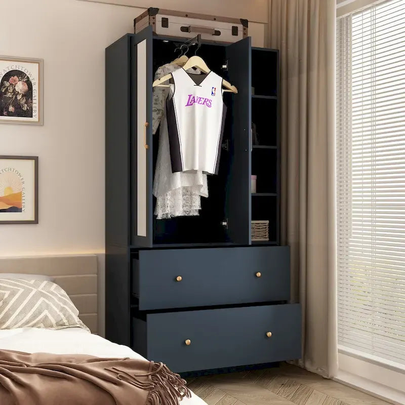 Space-Saving Scalable Hanging Rod Wardrobe Closet with Mirror 24