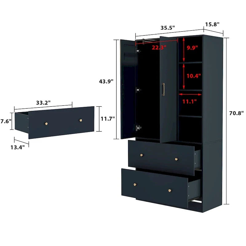 Space-Saving Scalable Hanging Rod Wardrobe Closet with Mirror 32