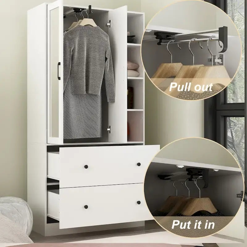 Modern Wardrobe Armoire with Mirror Door Drawers and Shelves 41