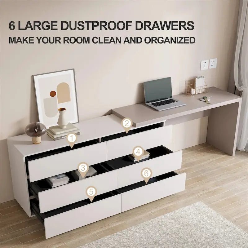 97.63" Modern Expandable Dresser Desk Combo for Home Office with 6 Drawers 10