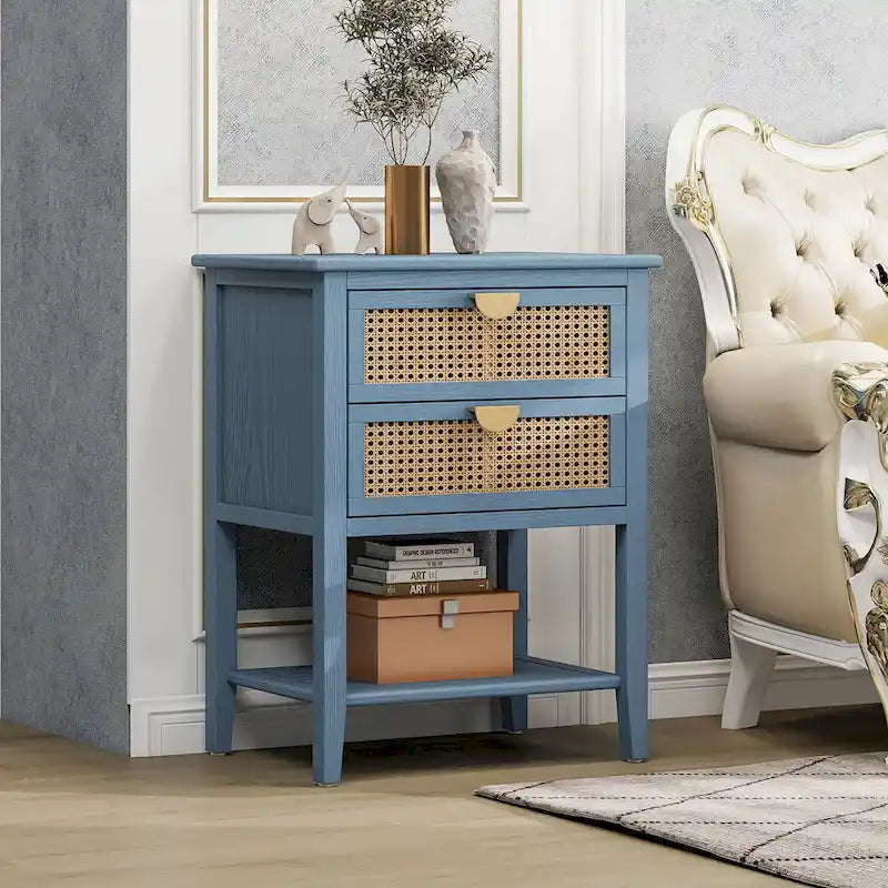 Rattan Nightstands with 2 Drawers and Shelves 8