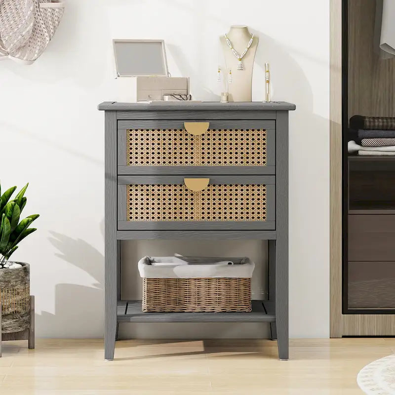 Rattan Nightstands with 2 Drawers and Shelves 14