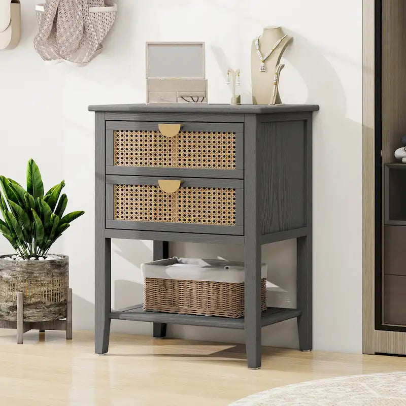 Rattan Nightstands with 2 Drawers and Shelves 15