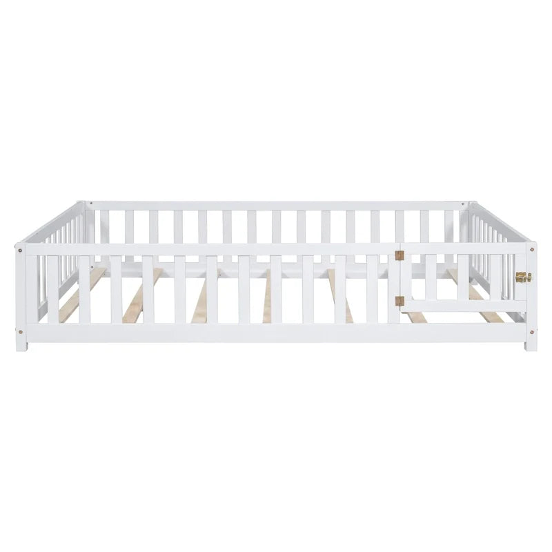 Kids' Full-Size Wooden Floor Bed with Fence and Door 25
