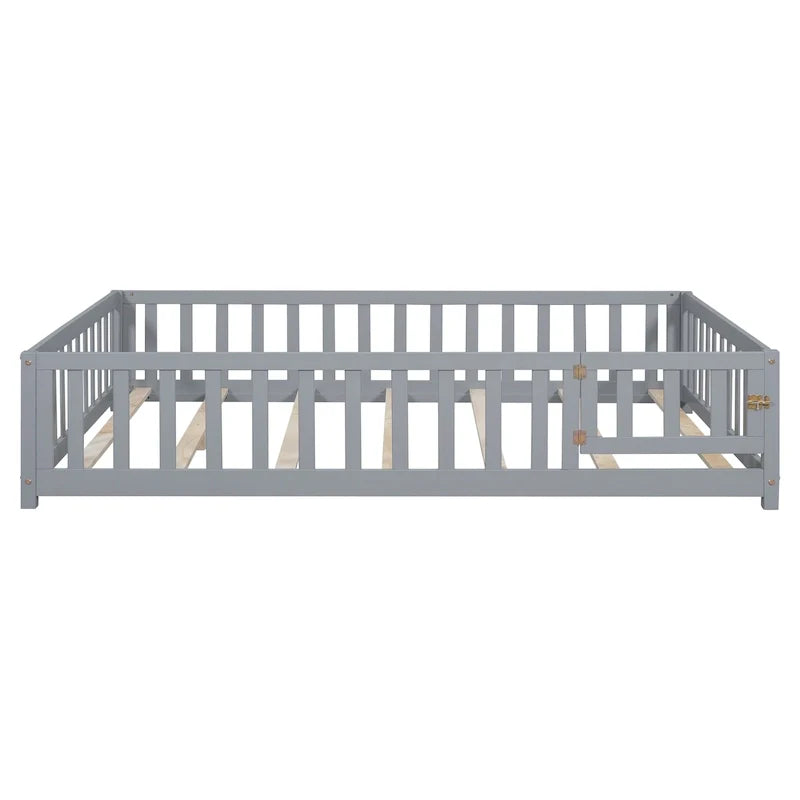 Kids' Full-Size Wooden Floor Bed with Fence and Door 26