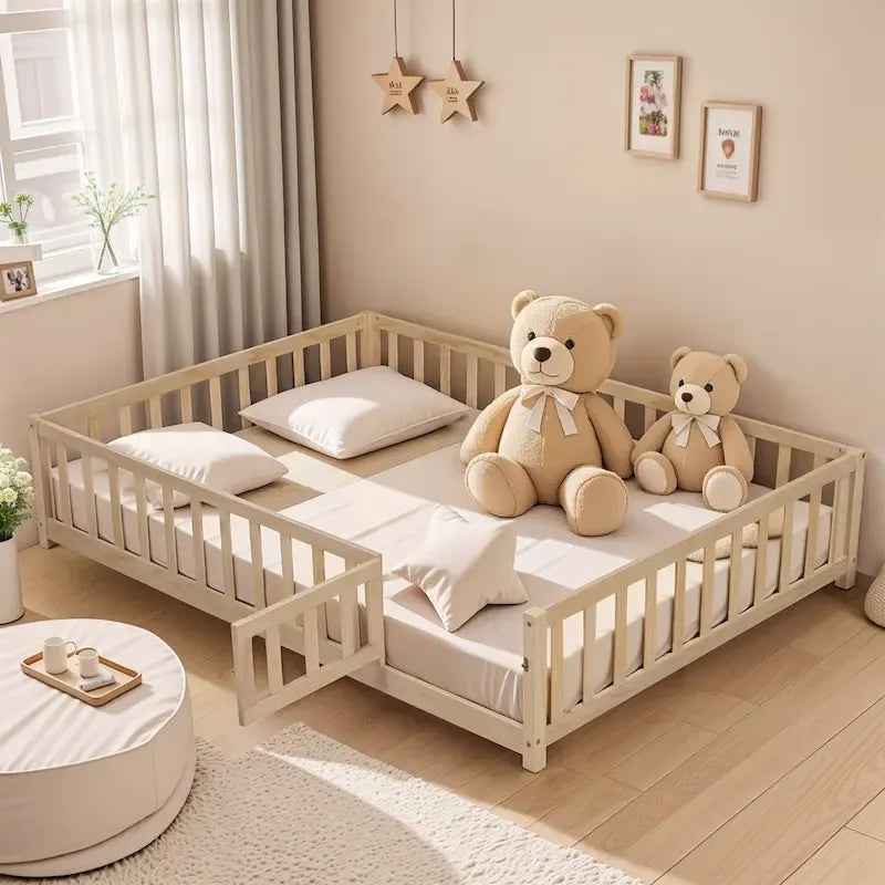 Kids' Full-Size Wooden Floor Bed with Fence and Door 1