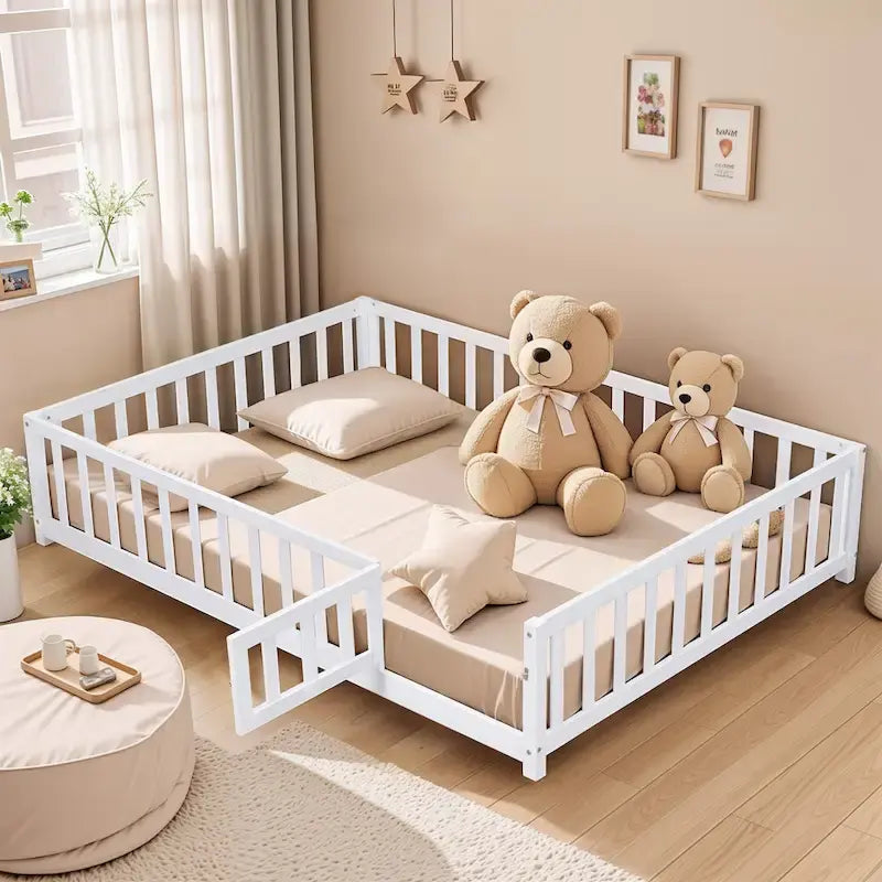 Kids' Full-Size Wooden Floor Bed with Fence and Door 2