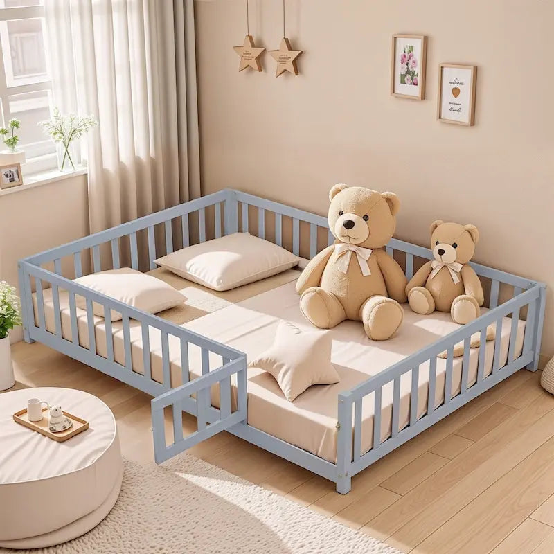 Kids' Full-Size Wooden Floor Bed with Fence and Door 3