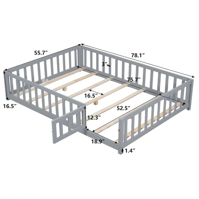 Kids' Full-Size Wooden Floor Bed with Fence and Door 4