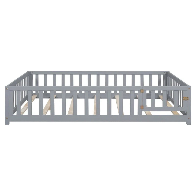 Kids' Full-Size Wooden Floor Bed with Fence and Door 5