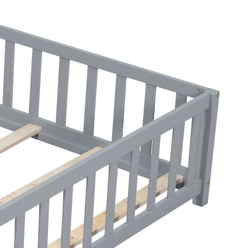 Kids' Full-Size Wooden Floor Bed with Fence and Door 6