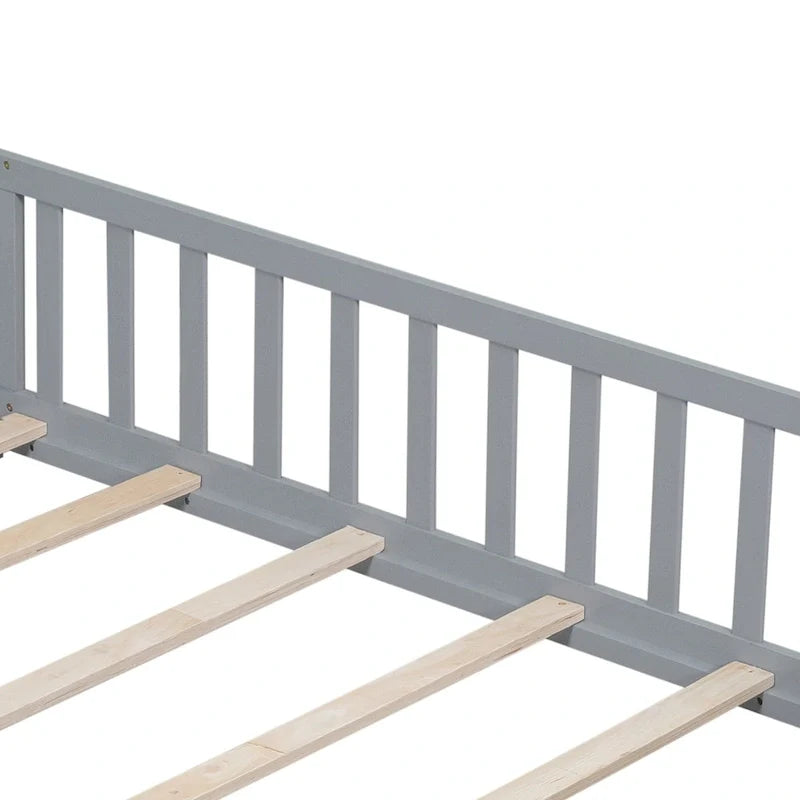 Kids' Full-Size Wooden Floor Bed with Fence and Door 7