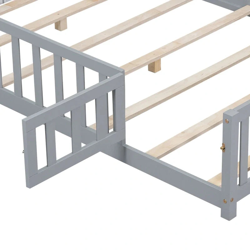 Kids' Full-Size Wooden Floor Bed with Fence and Door 8