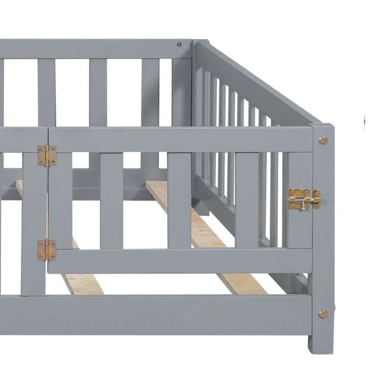 Kids' Full-Size Wooden Floor Bed with Fence and Door 9