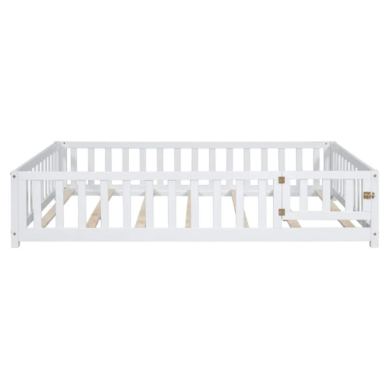 Kids' Full-Size Wooden Floor Bed with Fence and Door 10