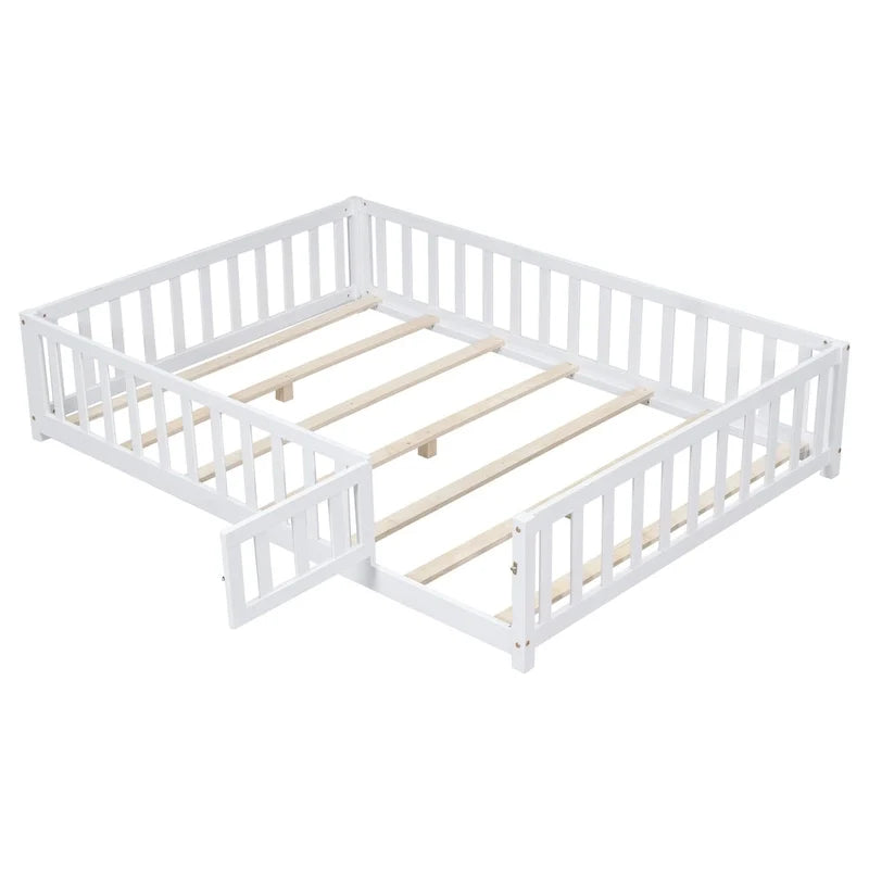 Kids' Full-Size Wooden Floor Bed with Fence and Door 11
