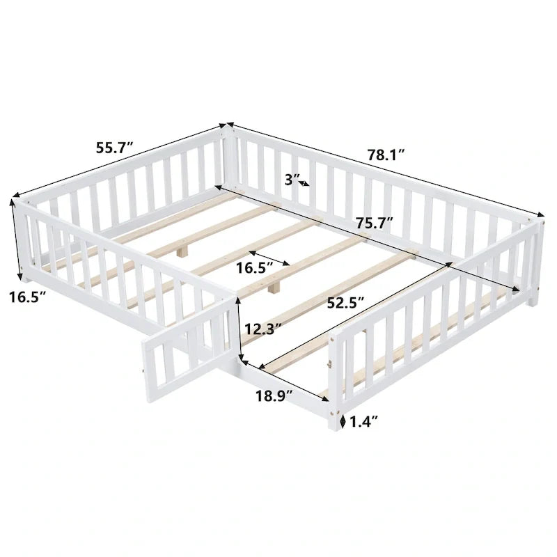 Kids' Full-Size Wooden Floor Bed with Fence and Door 12