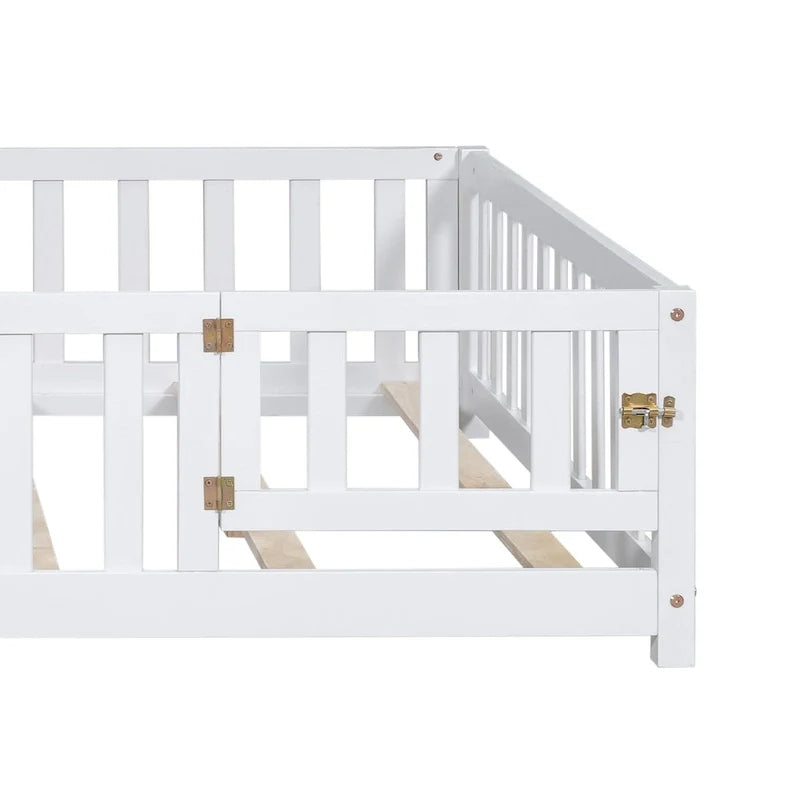 Kids' Full-Size Wooden Floor Bed with Fence and Door 13