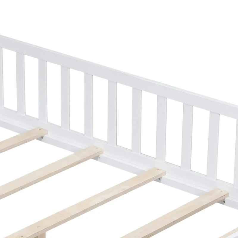 Kids' Full-Size Wooden Floor Bed with Fence and Door 14