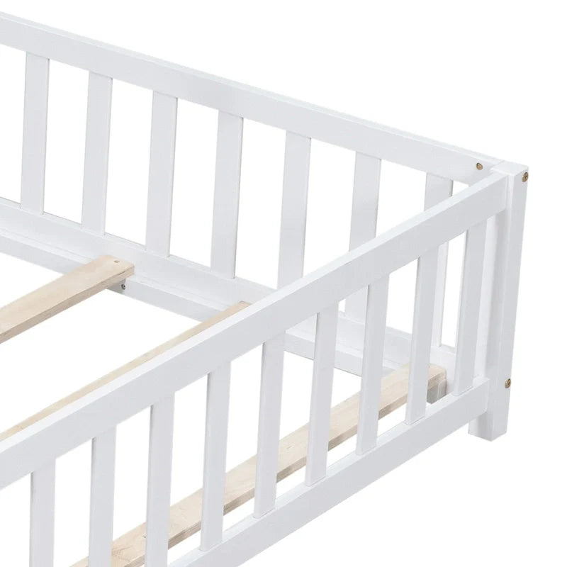 Kids' Full-Size Wooden Floor Bed with Fence and Door 15