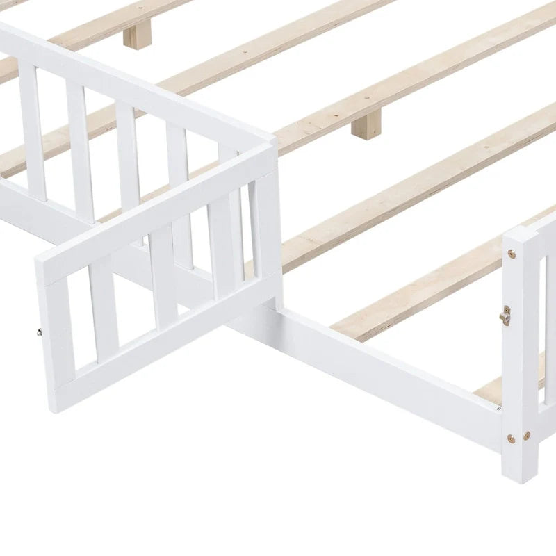 Kids' Full-Size Wooden Floor Bed with Fence and Door 16