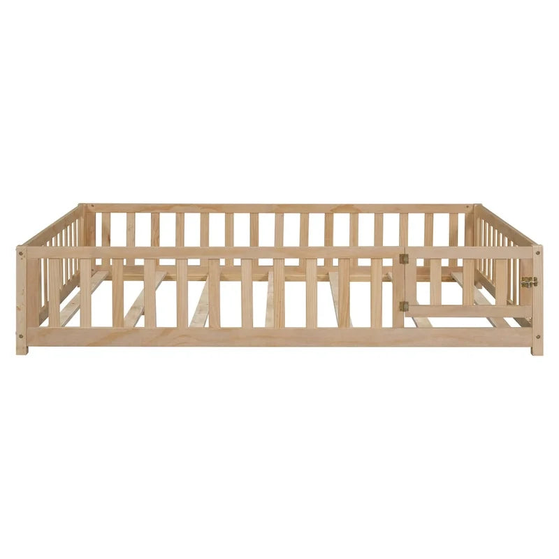 Kids' Full-Size Wooden Floor Bed with Fence and Door 17