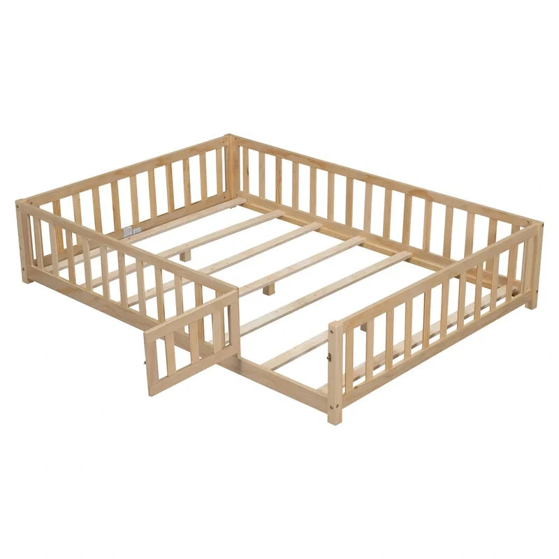 Kids' Full-Size Wooden Floor Bed with Fence and Door 18