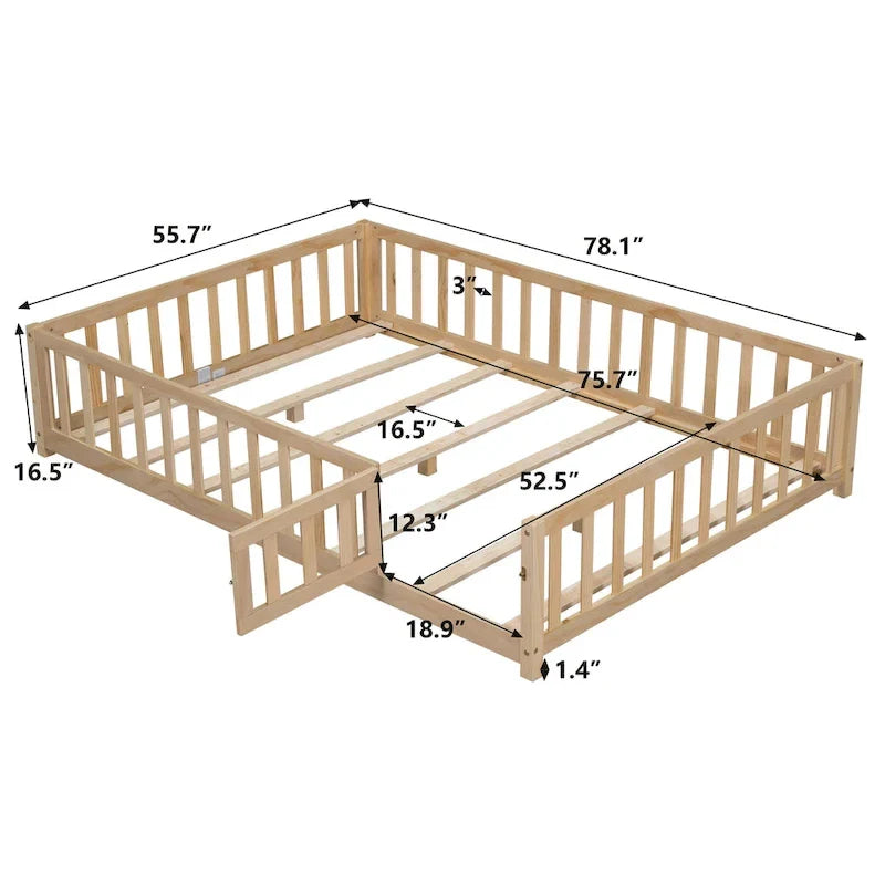 Kids' Full-Size Wooden Floor Bed with Fence and Door 19