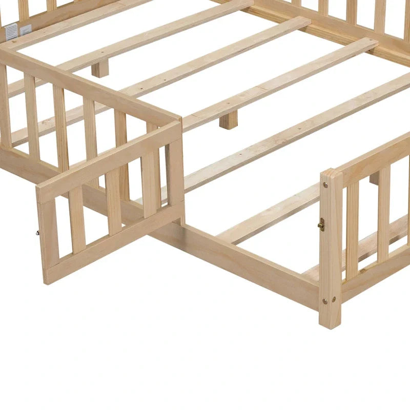 Kids' Full-Size Wooden Floor Bed with Fence and Door 20