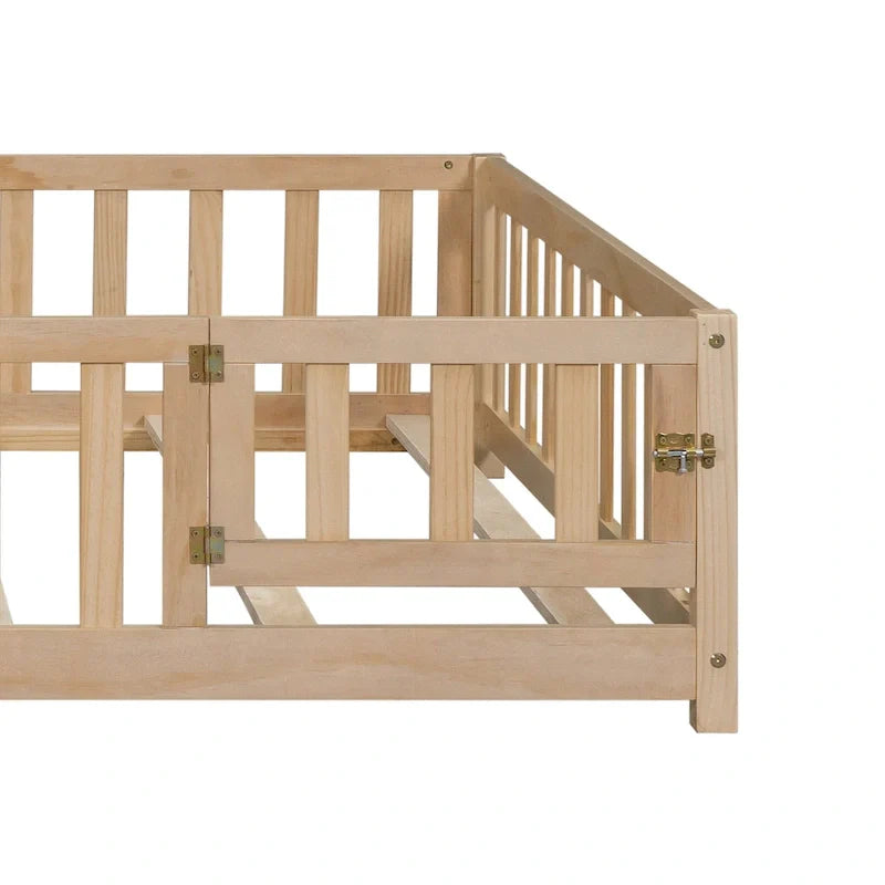 Kids' Full-Size Wooden Floor Bed with Fence and Door 21