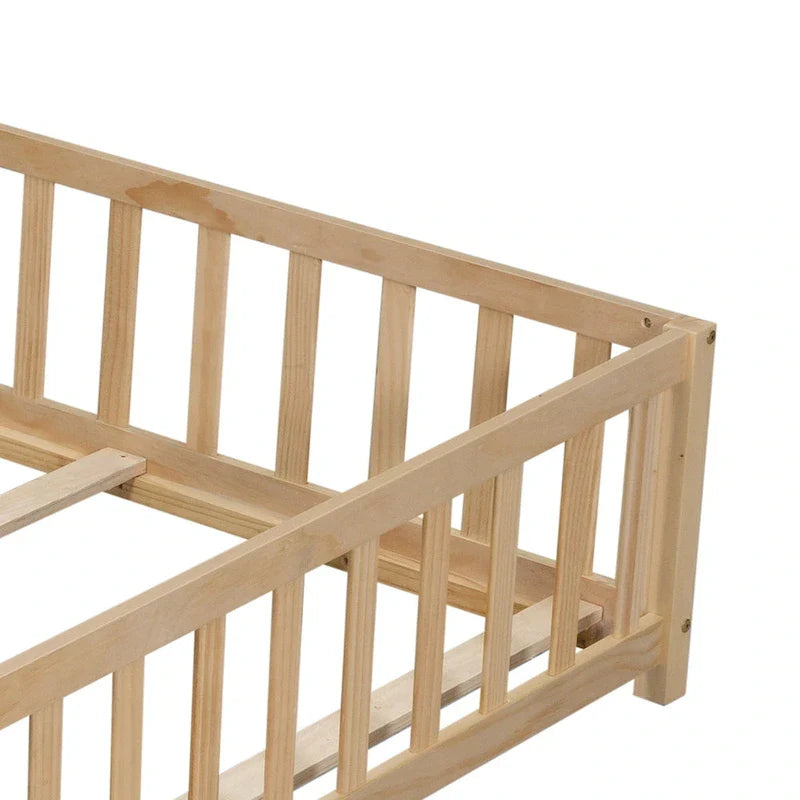 Kids' Full-Size Wooden Floor Bed with Fence and Door 22