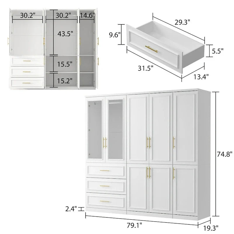 74.8-Inch Tall Large Modular Wardrobe Closet with Glass Doors 6
