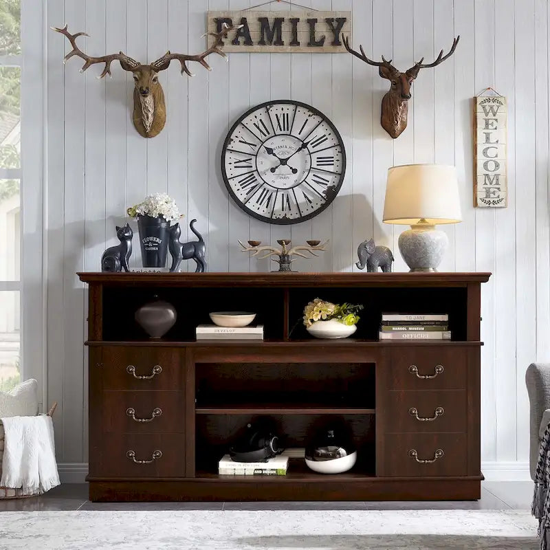60-Inch Retro TV Stand Entertainment Center with 2 Cabinets and Open Shelves - Dimensions: 60W x 15.75D x 34.25H 16