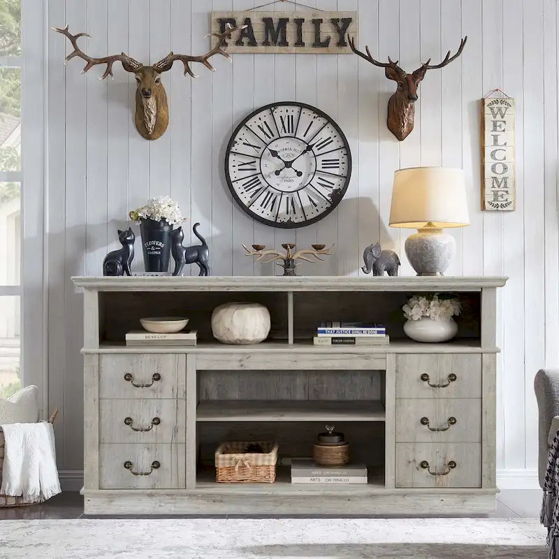 60-Inch Retro TV Stand Entertainment Center with 2 Cabinets and Open Shelves - Dimensions: 60W x 15.75D x 34.25H 17
