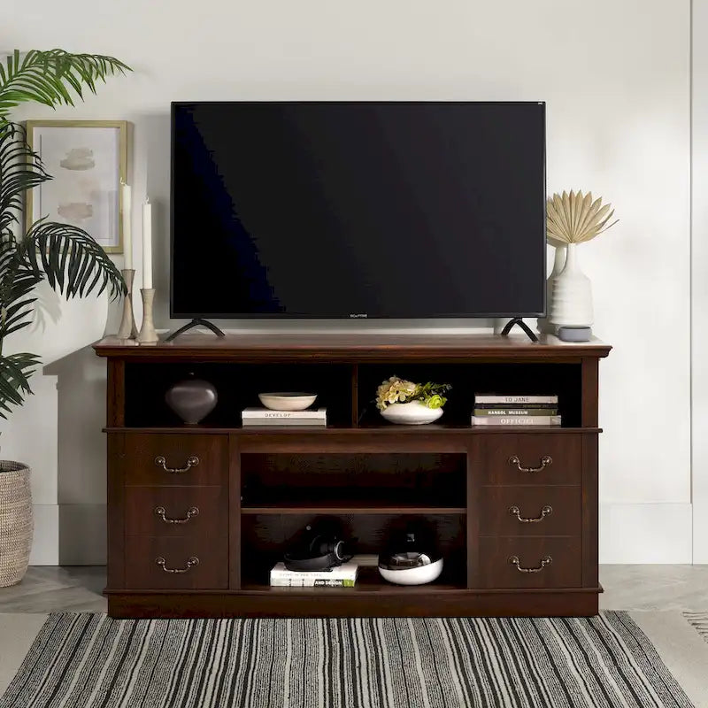 60-Inch Retro TV Stand Entertainment Center with 2 Cabinets and Open Shelves - Dimensions: 60W x 15.75D x 34.25H 3
