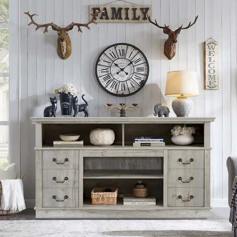 60-Inch Retro TV Stand Entertainment Center with 2 Cabinets and Open Shelves - Dimensions: 60W x 15.75D x 34.25H 11