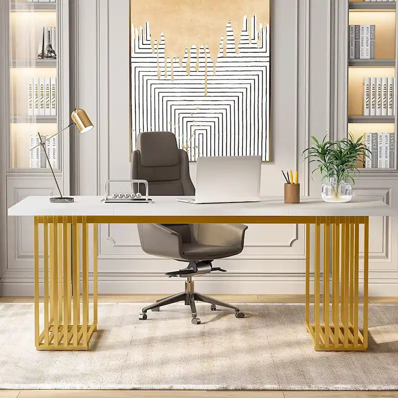 70.9" Contemporary White Executive Desk with Gold Metal Frame 26