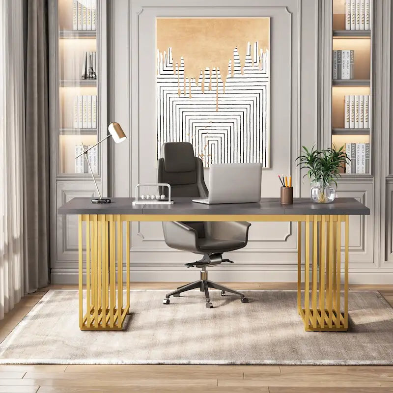 70.9" Contemporary White Executive Desk with Gold Metal Frame 27
