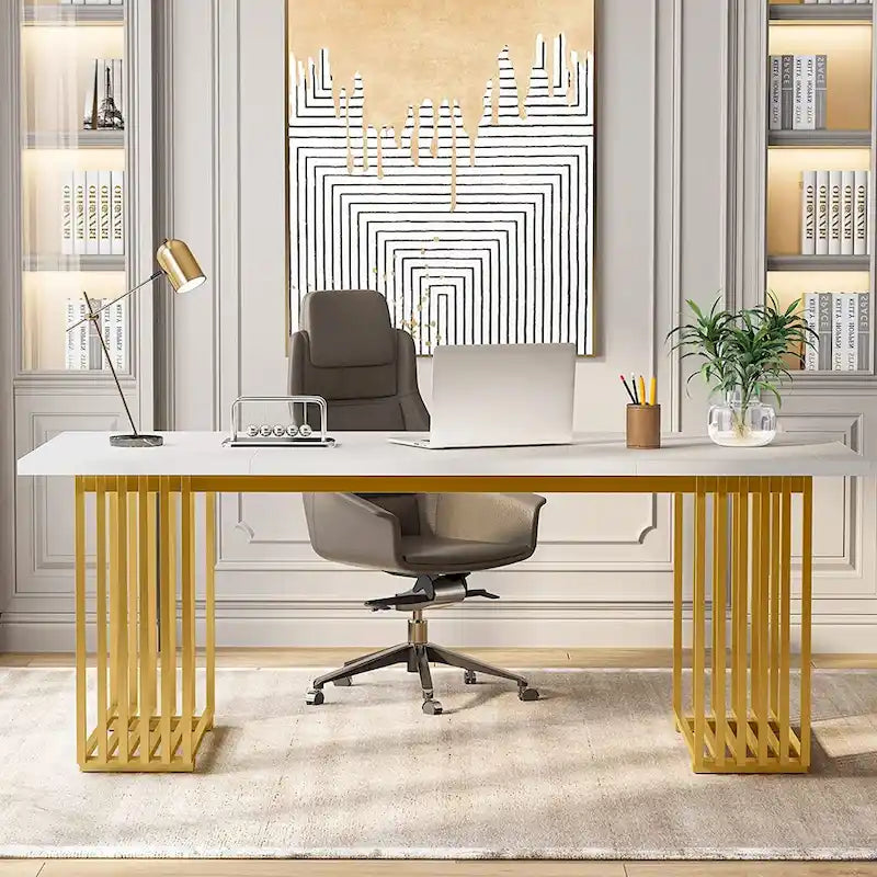 70.9" Contemporary White Executive Desk with Gold Metal Frame 1