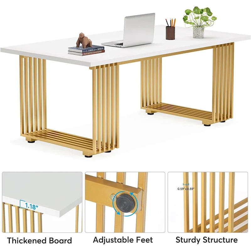 70.9" Contemporary White Executive Desk with Gold Metal Frame 3