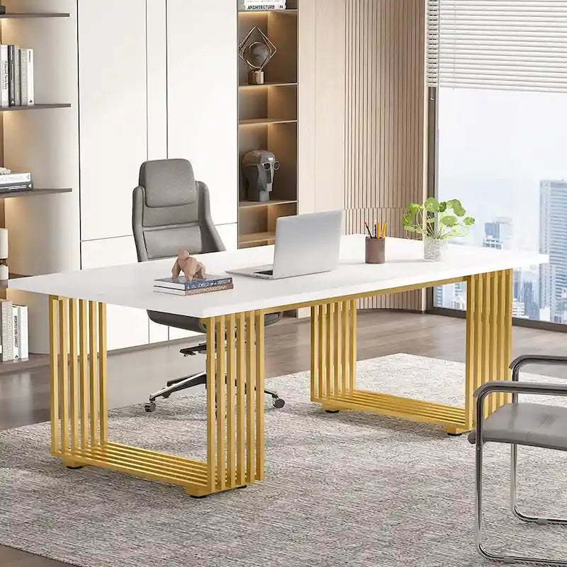 70.9" Contemporary White Executive Desk with Gold Metal Frame 4