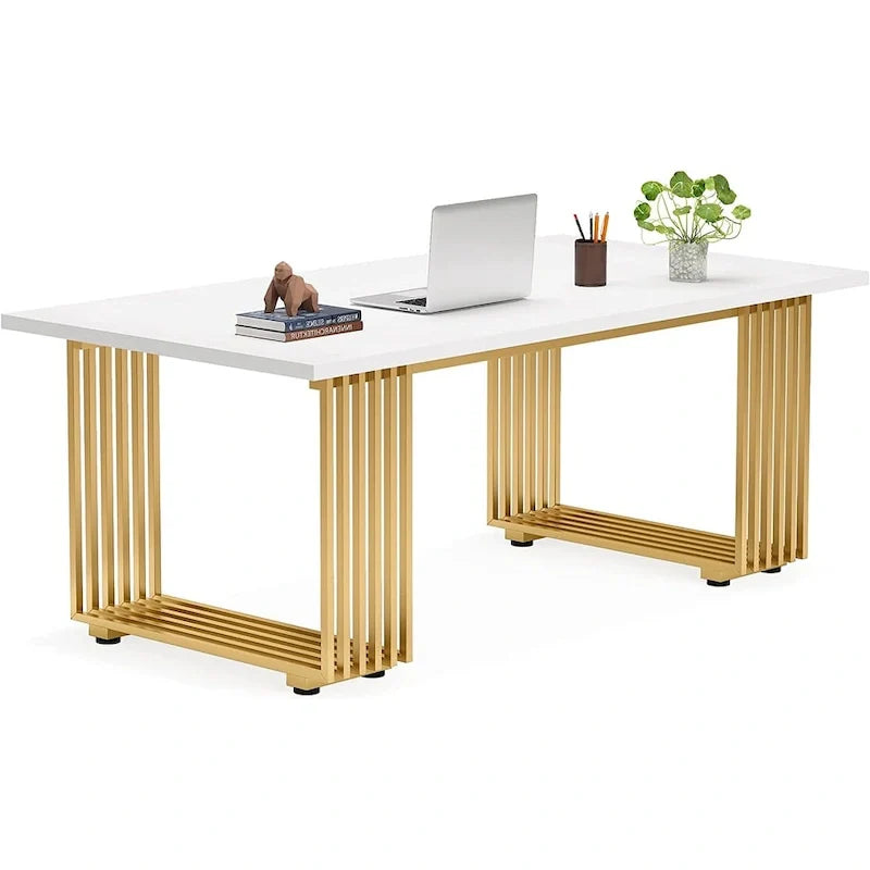 70.9" Contemporary White Executive Desk with Gold Metal Frame 6
