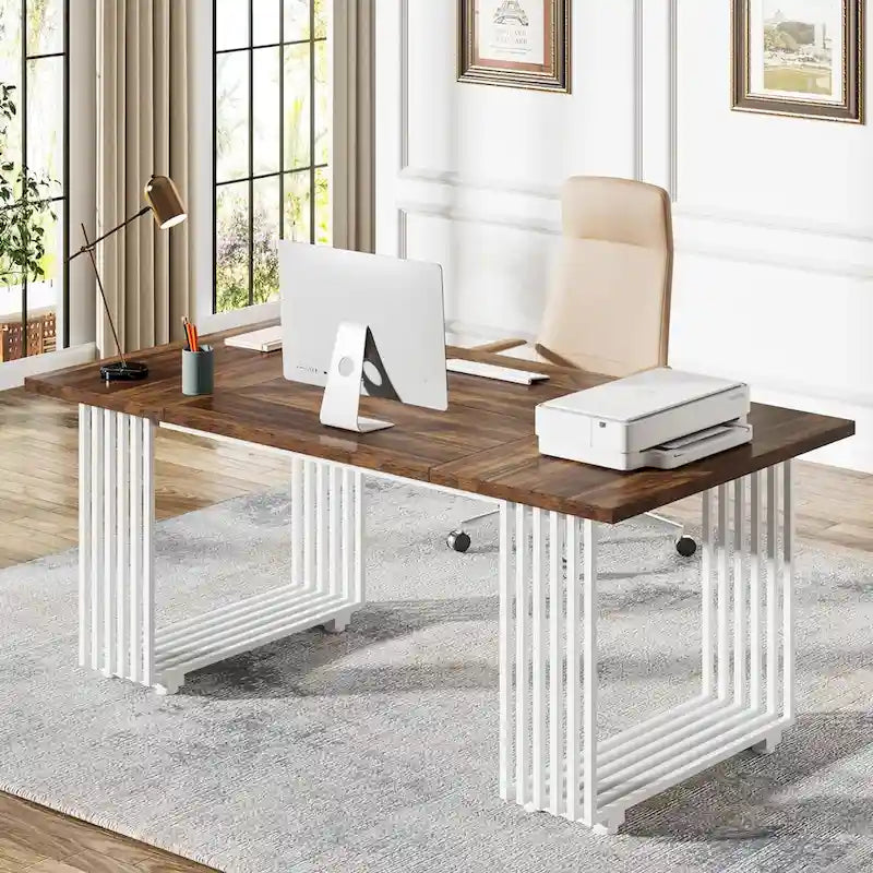 70.9" Contemporary White Executive Desk with Gold Metal Frame 8
