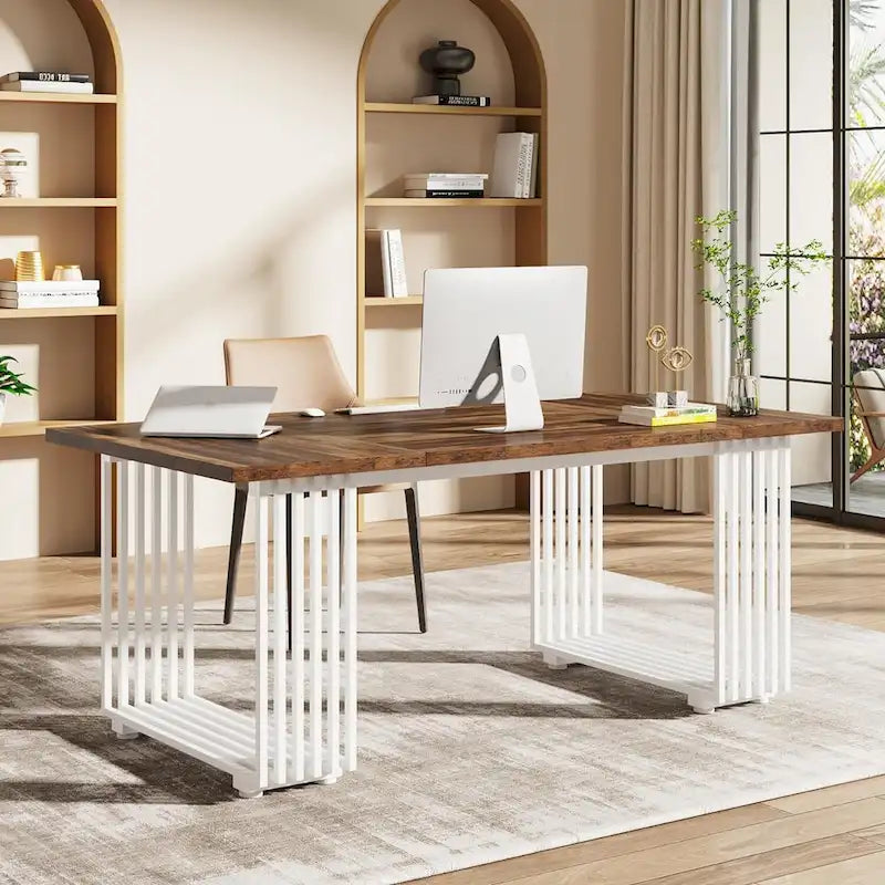 70.9" Contemporary White Executive Desk with Gold Metal Frame 9