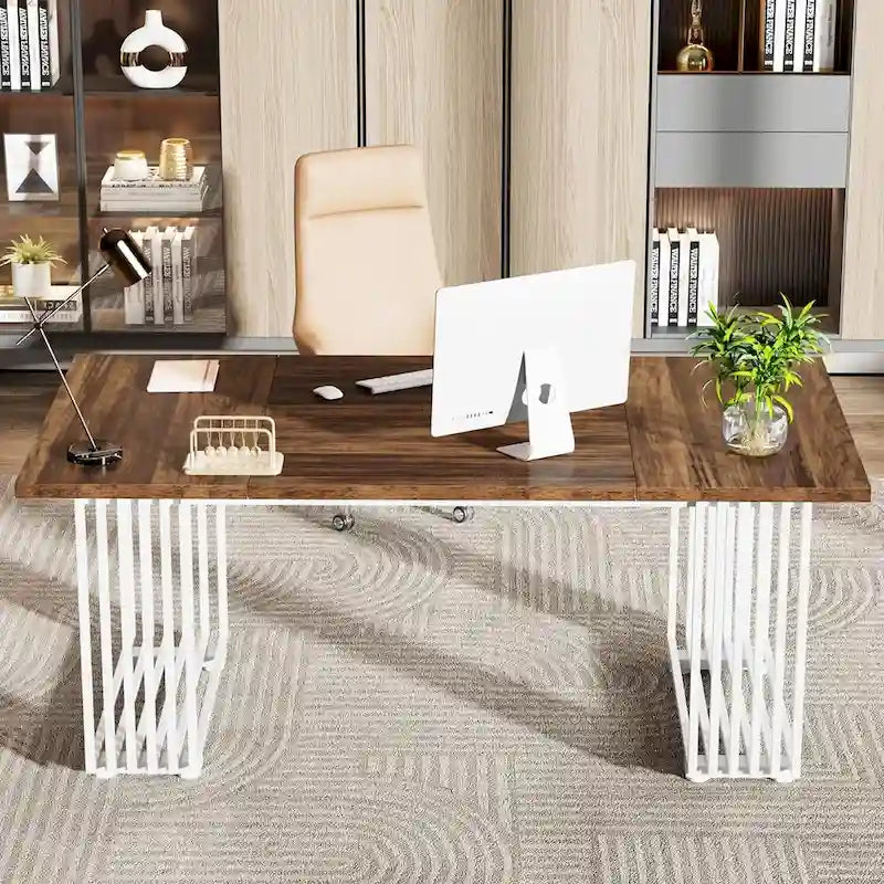 70.9" Contemporary White Executive Desk with Gold Metal Frame 10