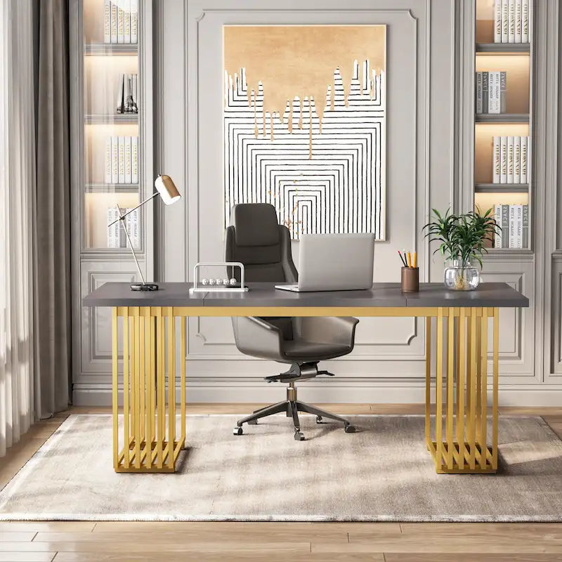 70.9" Contemporary White Executive Desk with Gold Metal Frame 20