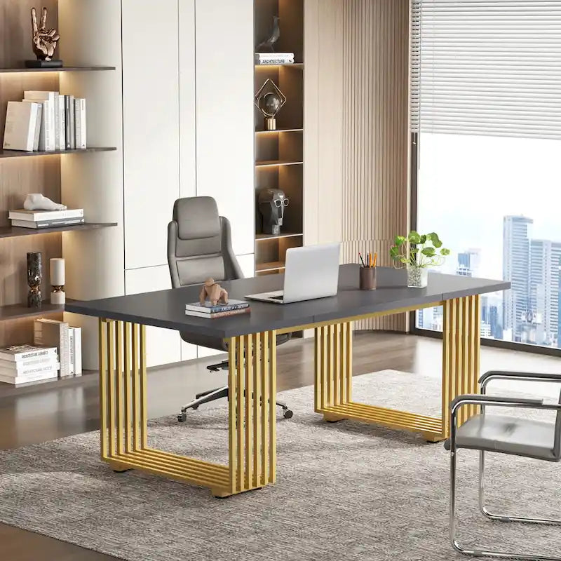 70.9" Contemporary White Executive Desk with Gold Metal Frame 21
