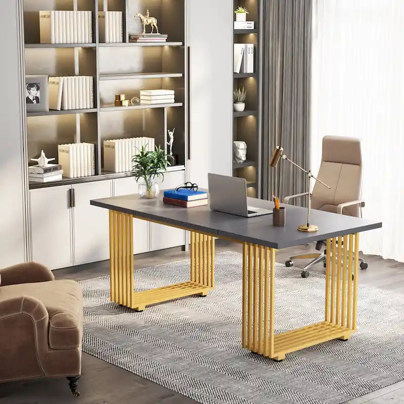 70.9" Contemporary White Executive Desk with Gold Metal Frame 22