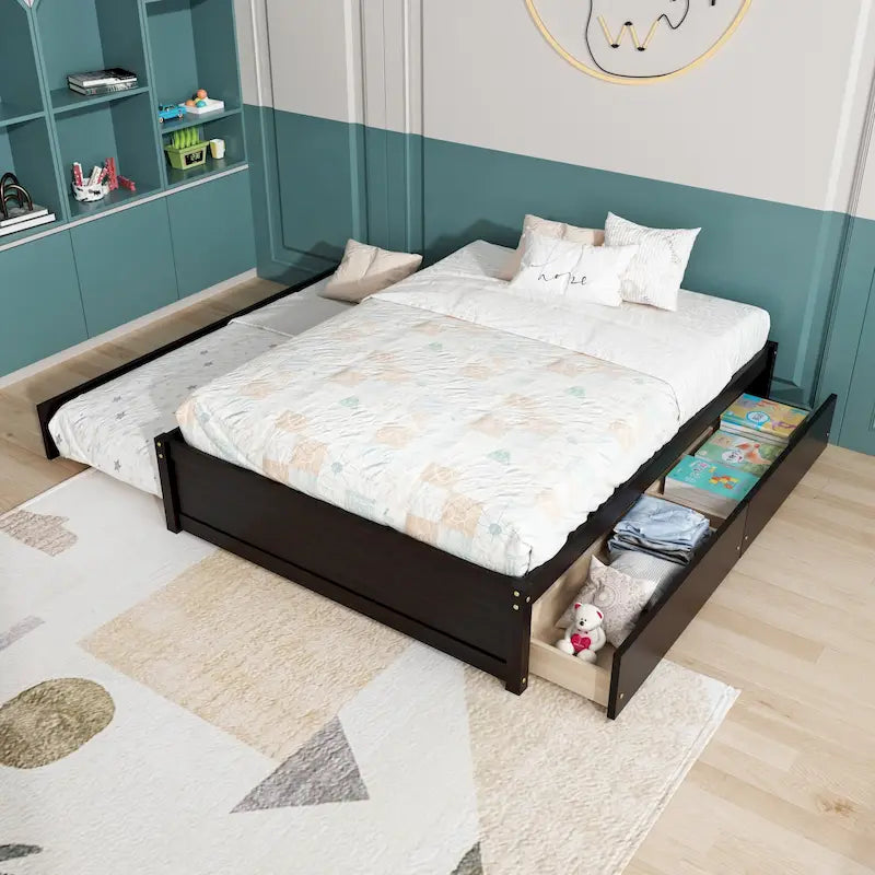 Full Bed Frame with Twin Trundle and Dual Storage Drawers 18
