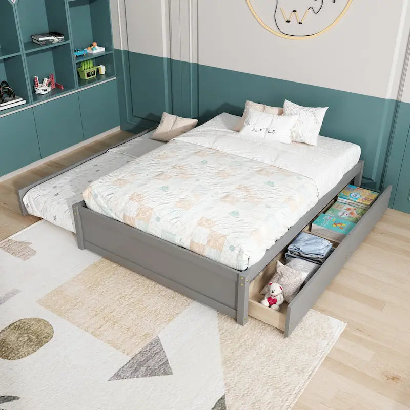 Full Bed Frame with Twin Trundle and Dual Storage Drawers 2